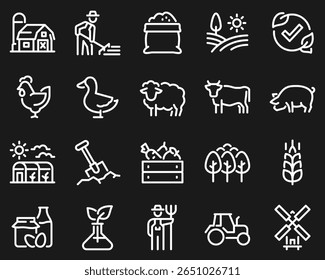 Simple set of vector line icons related to agriculture. Contains barn, livestock, tree garden and more.
