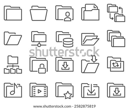 A simple set of vector line icons related to folders. Contains icons such as repository, sync, network folder and more. Editable stroke.