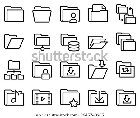 A simple set of vector line icons related to folders. Contains icons such as repository, sync, network folder and more