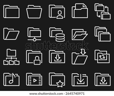 A simple set of vector line icons related to folders. Contains icons such as repository, sync, network folder and more