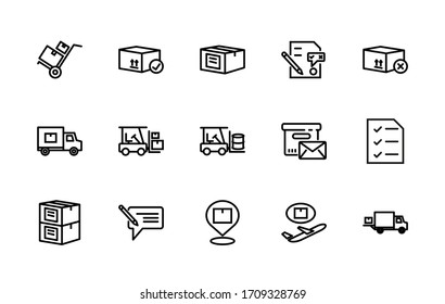 A simple set of vector linear icons associated with mail. Contains icons such as: parcel, truck, loader, letter, crates, barrel, and more. Editable Stroke. 48x48 pixels is perfect.