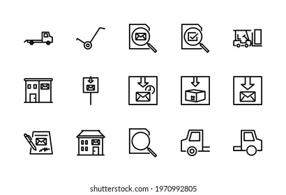 A simple set of vector linear icons associated with mail. Contains icons such as: box, loader, box, letter, box, building, and more. Editable stroke. 48x48 pixels is perfect.