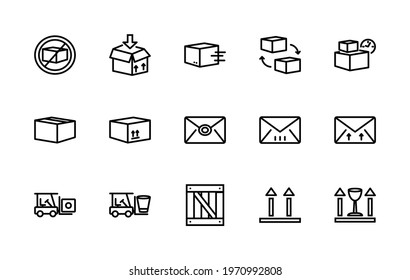 A simple set of vector linear icons associated with mail. Contains icons such as: box, loader, box, letter, box, building, and more. Editable stroke. 48x48 pixels is perfect.