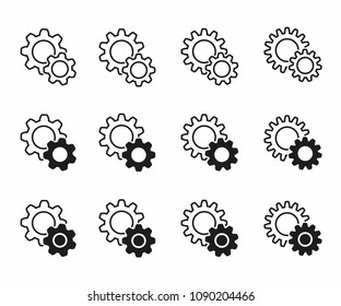 Simple set vector setting icons. Cog, gear, cogwheel, development, sprocket, ets. Black illustrations isolated for graphic and web design.