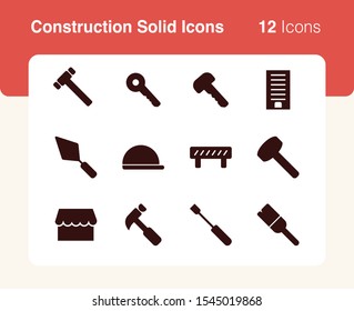 Simple set of vector solid icons of construction business. Usable for modern concepts, web, apps and flyer.