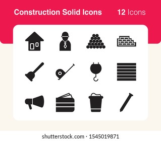 Simple set of vector solid icons of construction business. Usable for modern concepts, web, apps and flyer.