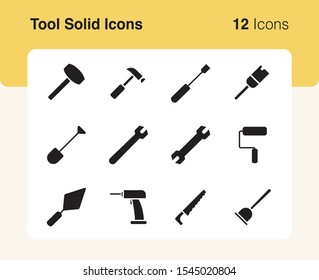 Simple set of vector solid icons of construction tool business. Usable for modern concepts, web, apps and flyer.