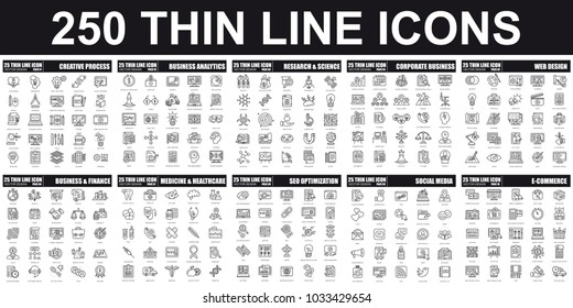 Simple Set Of Vector Thin Line Icon. Contains Such Icons As Creative Process, Business Analytics, Finance, E-Commerce, SEO, Medicine And Healthcare, Social Media And More. Linear Pictogram Pack.