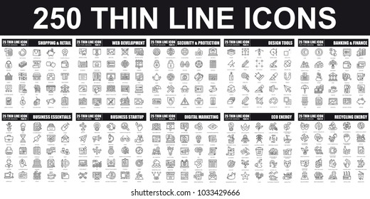 Simple set of vector thin line icon. Contains such Icons as Shopping, Retail, Web Development, Banking, Finance, Startup, Marketing, Eco Energy, Security, Protection and more. Linear pictogram pack.