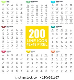 Simple set of vector thin line icons. Contains such Icons as Bakery, Pets, Veterinary, Drinking, Fruit and Vegetable, Garden Flowers, Fastfood, Hanukah. Linear pictogram pack. 48x48 Pixel Perfect.