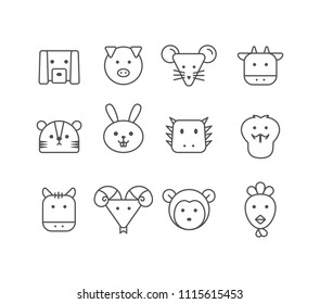 Simple Set of vector thin line icons Chinese Zodiac, Editable Stroke