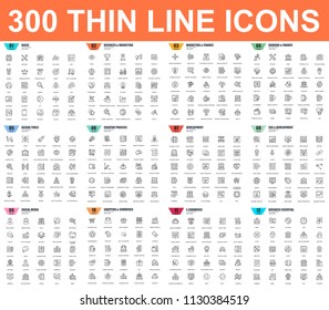 Simple set of vector thin line icons. Contains such Icons as Business, Marketing, Shopping, Banking, E-commerce, SEO, Technology, Development, Finance. 48x48 Pixel Perfect. Linear pictogram pack.