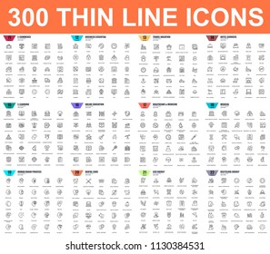 Simple set of vector thin line icons. Contains such Icons as Business, E-commerce, Travel, Vacation, Education, Learning, Medical, Healthcare, Ecology. 48x48 Pixel Perfect. Linear pictogram pack.