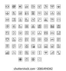 Simple Set Of Vector Thin Line Icons. Contains Icons Such As Restaurant And Cafe, Spa, Sauna, Pool, Sports, Entertainment, Technology,parking, Casino, Wi-Fi, Health, Eco, Dry Cleaning, Conference Room