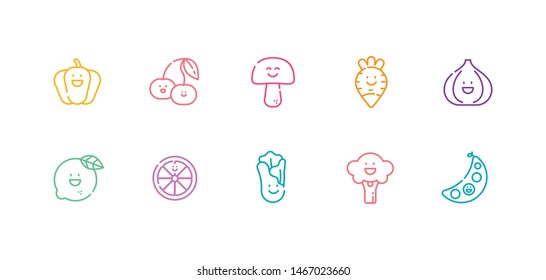 A simple set of vegetable kawaii vector line icons. Contains such Icons as a cute Broccoli, Lemon, Lettuce, Lime, Mushroom, Onion, Paprika, Peas, Radish, Tomato
