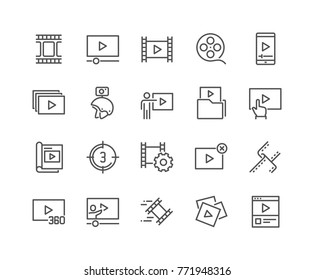 Simple Set of Video Content Related Vector Line Icons. 
Contains such Icons as Presentation, Stream, Library and more.
Editable Stroke. 48x48 Pixel Perfect.