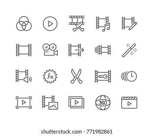 Simple Set of Video Editing Related Vector Line Icons. 
Contains such Icons as Filters, Frame Rate and more.
Editable Stroke. 48x48 Pixel Perfect.