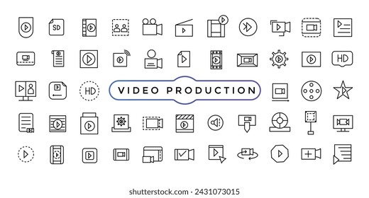 Conjunto simple de iconos de línea de vectores relacionados con la producción de vídeo. Contiene ilustración vectorial de iconos finos.