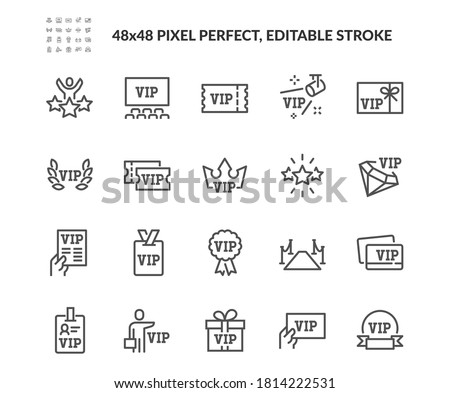 Simple Set of VIP Related Vector Line Icons. Contains such Icons as Special Guests List, Red Carpet, VIP Line and more. Editable Stroke. 48x48 Pixel Perfect.