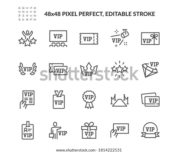 Simple Set of VIP Related\
Vector Line Icons. Contains such Icons as Special Guests List, Red\
Carpet, VIP Line and more. Editable Stroke. 48x48 Pixel\
Perfect.