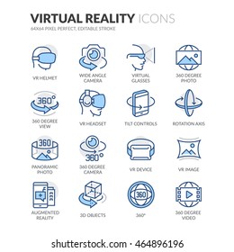 Simple Set of Virtual Reality Related Color Vector Line Icons. 
Contains such Icons as VR Helmet, 360 Degree Camera, Panoramic Photo and more.
Editable Stroke. 64x64 Pixel Perfect. 