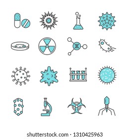 Simple Set of virus Related Vector Line Icons. Contains such Icons as bacteria, infection, disease, antibiotics, virus attack and more. 