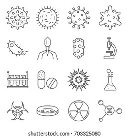 Simple Set of virus Related Vector Line Icons. Contains such Icons as bacteria, infection, disease, antibiotics, virus attack and more. 