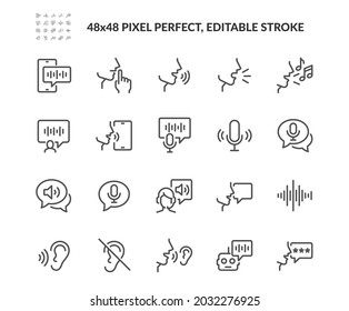 Einfache Set von Vektor Line-Symbolen. Enthält Symbole wie Whisper, Sound Message, Voice Control und mehr. Bearbeitbarer Stroke. 