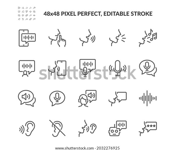 Simple Set of Voice Related Vector Line Icons. Contains\
such Icons as Whisper, Sound Message, Voice Control and more.\
Editable Stroke. 