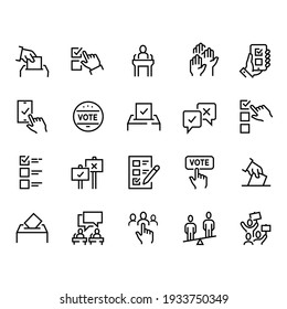 Simple Set of Voting Related Vector Line Icons. Contains such Icons as Raising Hands, Ratings of Candidates, Electronic voting and more. Editable Stroke