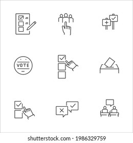 Simple Set of Voting Related Vector Line Icons. Contains such Icons as Raising Hands, Ratings of Candidates, Electronic voting and more.