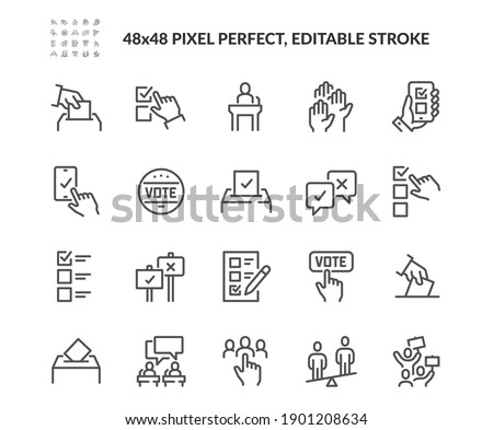 Simple Set of Voting Related Vector Line Icons. Contains such Icons as Raising Hands, Ratings of Candidates, Electronic voting and more. Editable Stroke. 48x48 Pixel Perfect.