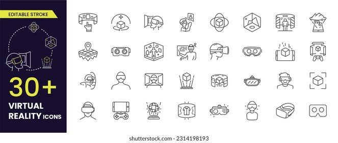 Simple Set of VR Vector Line Icons. Contains such Icons as 360 Degree View, Virtual Reality, Rotation,, VR glass, mobile, 3D and more. Editable Stroke icons collections