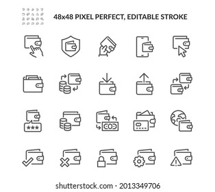 Simple Set of Wallet Related Vector Line Icons. Contains such Icons as Top up or Withdraw Funds, Money Transfer, Payment and more. Editable Stroke. 48x48 Pixel Perfect.