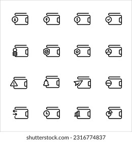 Simple set of wallet related vector line icons. Contains such icons as download, upload, money, check mark, secure, settings, profile, warning, notification, send, transfer, and more.