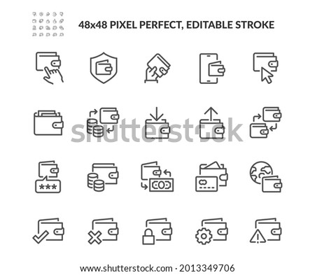 Simple Set of Wallet Related Vector Line Icons. Contains such Icons as Top up or Withdraw Funds, Money Transfer, Payment and more. Editable Stroke. 48x48 Pixel Perfect. Сток-фото © 