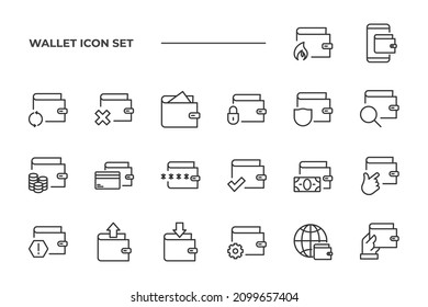simple set of Wallet vector icons with editable line styles covering cash withdraw, money transfer, payment and other. isolated on white background. 