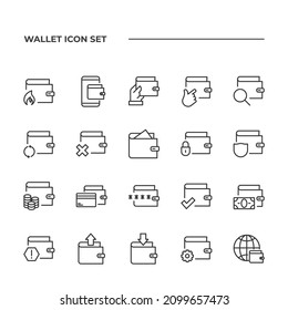simple set of Wallet vector icons with editable line styles covering cash withdraw, money transfer, payment and other. isolated on white background. 