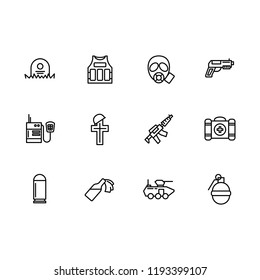 Simple set war, army, anti terrorism, battle vector line icon. Contains such icons body armor, gas mask, chemical attack, weapon, gun, walkie talkie, first aid kit, death of military soldiers