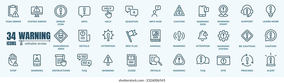 Simple Set of Warnings Related Vector Line Icons. Contains such Icons as Alert, Exclamation Mark, Warning Sign and more. Editable Stroke.