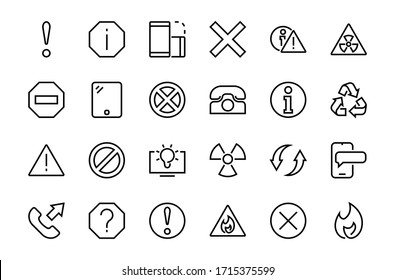 A simple set of WARNINGS, thin vector lines. Contains ICONS such as a warning, exclamation mark, reuse, warning sign, and more. Editable stroke. 48x48 Pixel Perfect. Vector illustration.