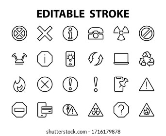 A simple set of WARNINGS, thin vector lines. Contains ICONS such as a warning, exclamation mark, reuse, warning sign, and more. Editable stroke. 48x48 Pixel Perfect. Vector illustration.
