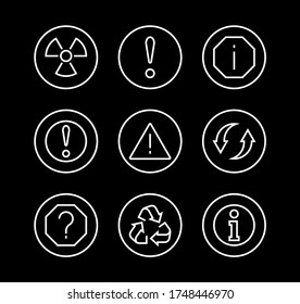 A simple set of WARNINGS, thin vector lines. Contains ICONS such as a warning, exclamation mark, reuse, warning sign, and more. Editable stroke. 48x48 Pixel Perfect. Vector illustration.