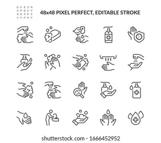 Conjunto simple de iconos de línea de vectores relacionados con las manos de lavado. Contiene los iconos siguientes: Instrucción de lavado, Antiséptico, Jabón y más. Trazo editable. 48x48 Pixel Perfecto.