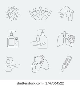 Simple Set of Washing Hands Related Vector Line Icons. Contains such Icons as Antiseptic, Soap, hygienic means, hand washing and more.