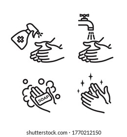 Simple Set of Washing Hands Related Vector Line Icons. Contains such Icons as Washing Instruction, Antiseptic, Soap and more. Editable vector EPS 10.