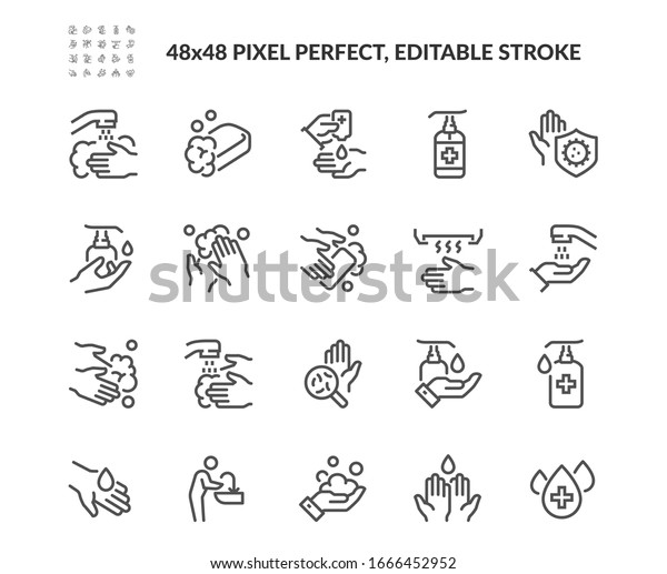 手を洗う簡単なセット関連のベクター線アイコン 洗浄指示 防腐剤 石けんなどのアイコンが含まれています 編集可能なストローク 48 X 48ピクセルパーフェクト のベクター画像素材 ロイヤリティフリー