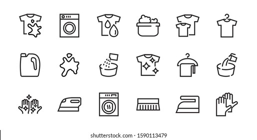 Simple set of washing related vector line Icons. Contains icons such as washing machine, powder, laundry, dirty t-shirt and much more. On a white background, editable stroke. 48x48 pixels perfect.