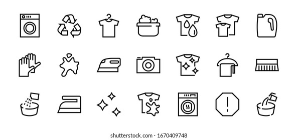  Simple set of washing related vector line Icons. Contains icons such as washing machine, powder, laundry, dirty t-shirt and much more. On a white background, editable stroke. 48x48 pixels perfect.