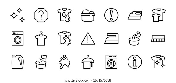 Simple set of washing related vector line Icons. Contains icons such as washing machine, powder, laundry, dirty t-shirt and much more. On a white background, editable stroke. 48x48 pixels perfect.